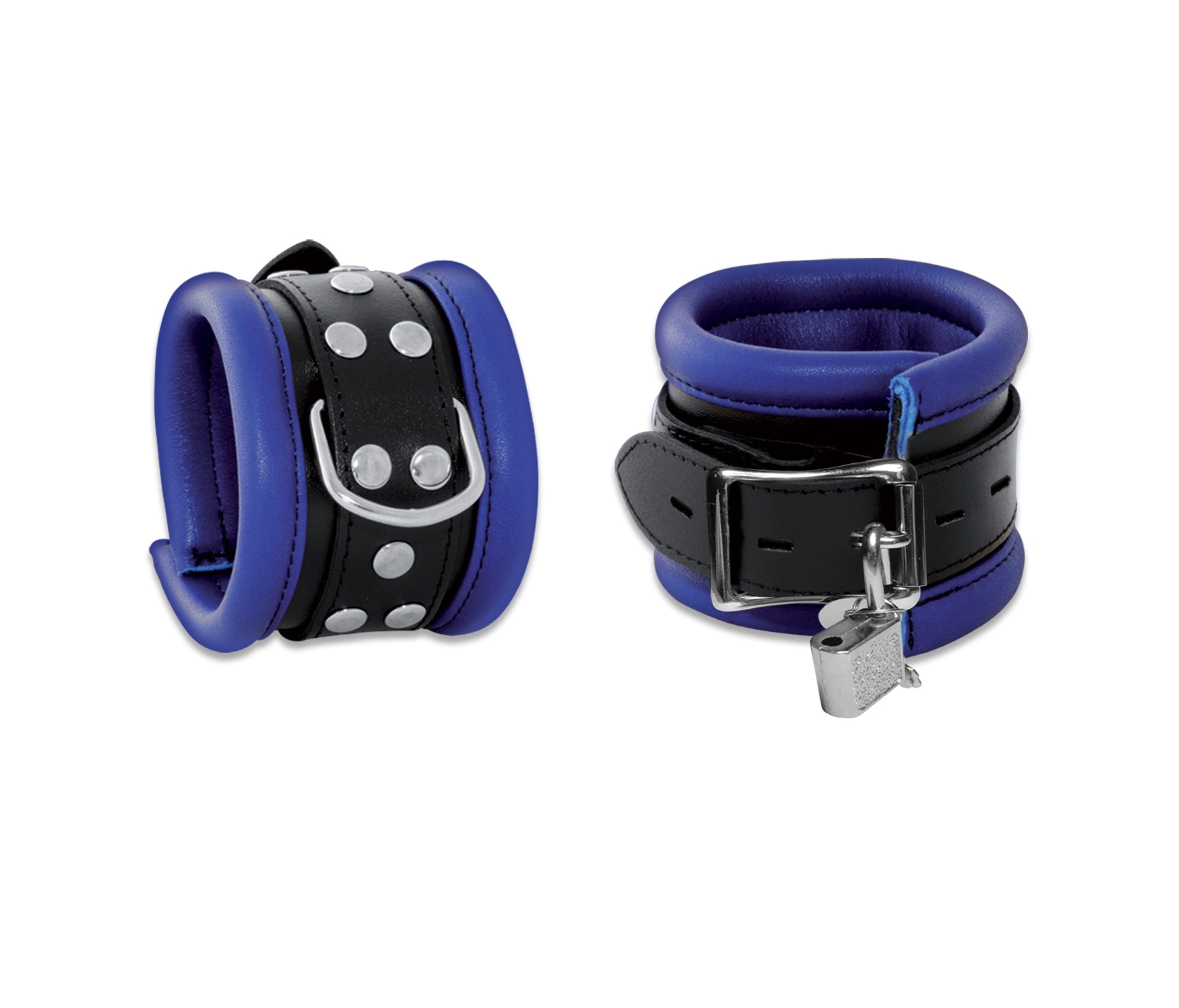 Saxos BDSM Toys Zwart-Blauwe Gepolsterde Lederen Polsboeien - 6,5 Cm Breed by Saxos 3 Saxos BDSM Toys Zwart-Blauwe Gepolsterde Lederen Polsboeien - 6,5 Cm Breed by Saxos