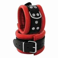 Saxos BDSM Toys Luxury Black-Red Padded Leather Feettcuffs 2.6 Inch Width By Saxos