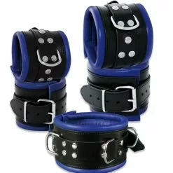 Saxos BDSM Toys Lederen 8cm Blauw-zwart Gevoerde Hals- Pols- En Voetboeienset Van Saxos -Bondage - Boeien Verkoopwinkel os 0102 1 2 3 b 1