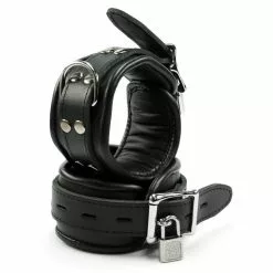 Saxos BDSM Toys Lockable Padded Black Leather Wrist Cuffs By Saxos